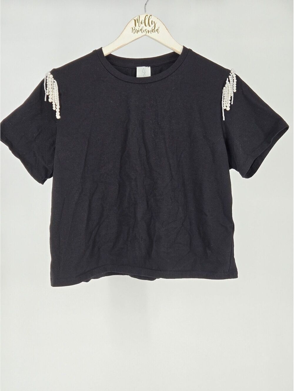 Joie Black cropped short sleeve tshirt with beaded pearl shoulder detail